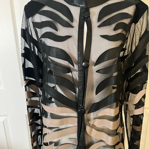 Dakota West 1X Sheer Mesh Leather Appliqué Longline Statement Jacket Y2K - Picture 3 of 4